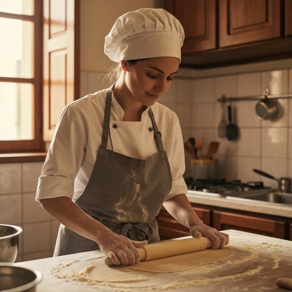 Young Maria Rossi learning to cook with her grandmother in Italy